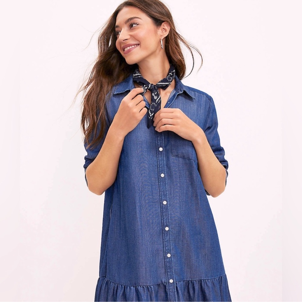 LOFT Dark Blue Denim Jean Dress Ruffle Hem size XS petite
